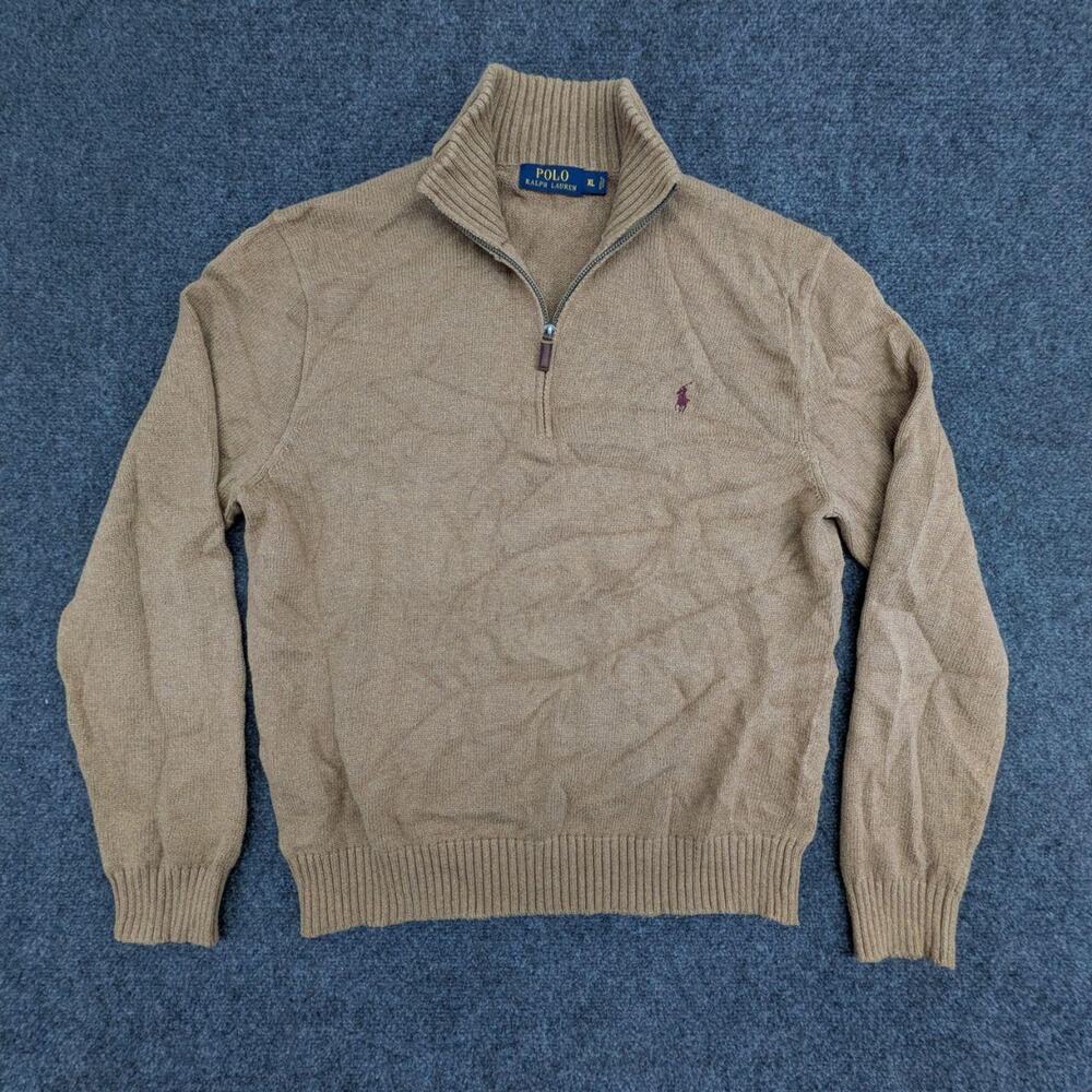 Polo Ralph Lauren Sweater Mens XL Tan Textured Knit Quarter Zip Pony Pullover